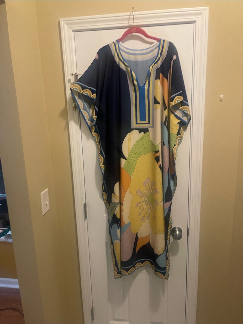 Colorful Floral Kaftan Tunic - Navy, Yellow, Green - Picture 13 of 16